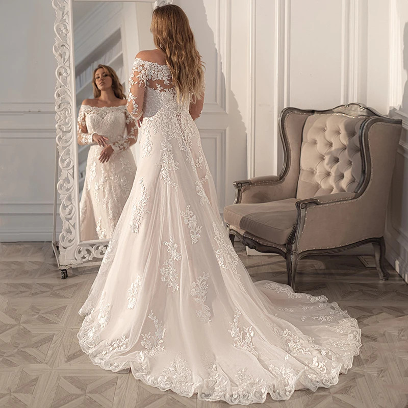 Classic A-line Lace Long Sleeve Wedding Dresses Boat Neck Corset Appliques