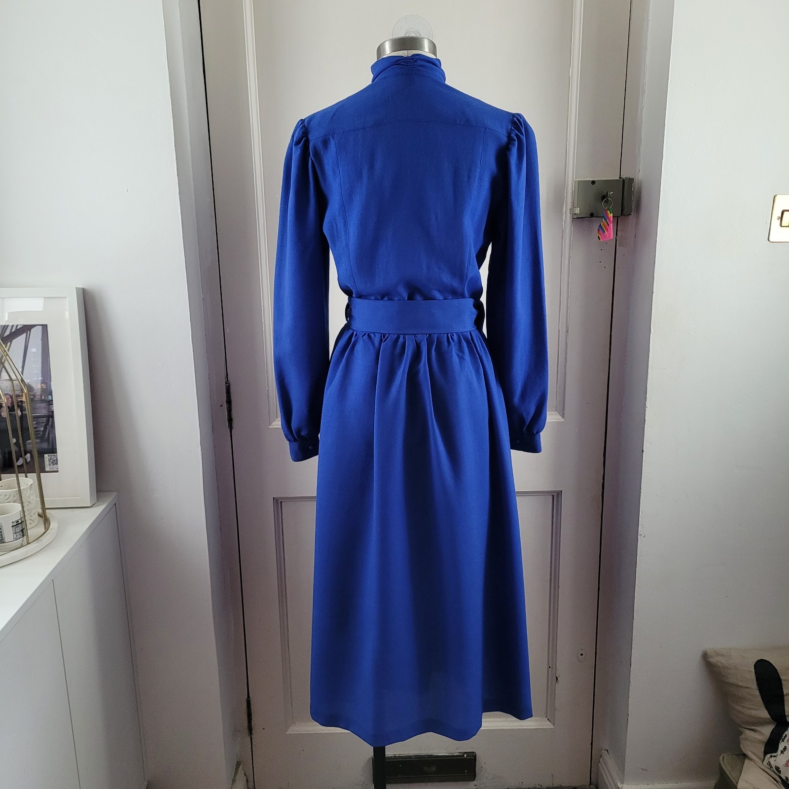 Marion Donaldson Vintage Deep Blue Wool Midi Dress Belted Pockets 10 12 Uk