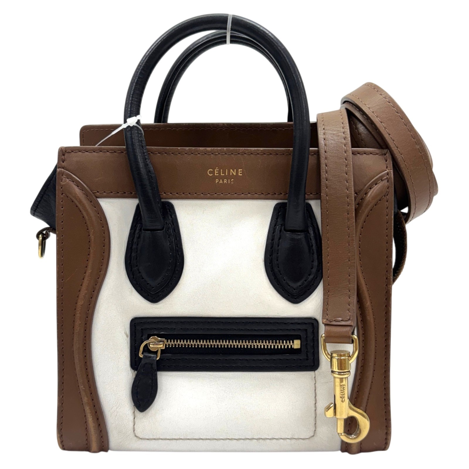 CELINE Nano Luggage Shoulder Handbag Calfskin White Brown 189243