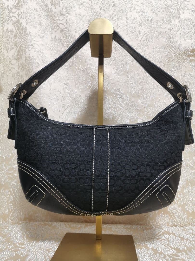 Coach One-Shoulder Bag Black 2154 Signature Canvas Leather Jacquard 9.8 inch