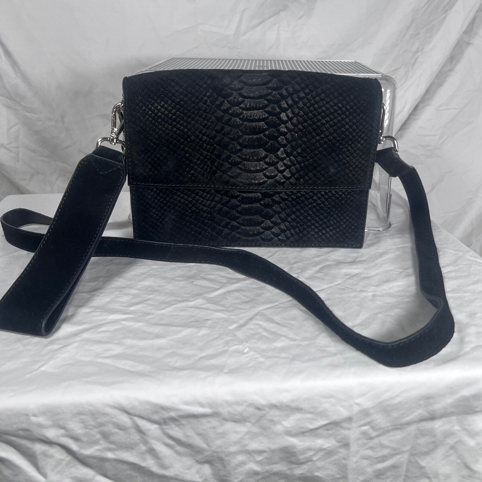 Black Snake Embossed Flap Crossbody Bag Detachable Strap Silver Hardware