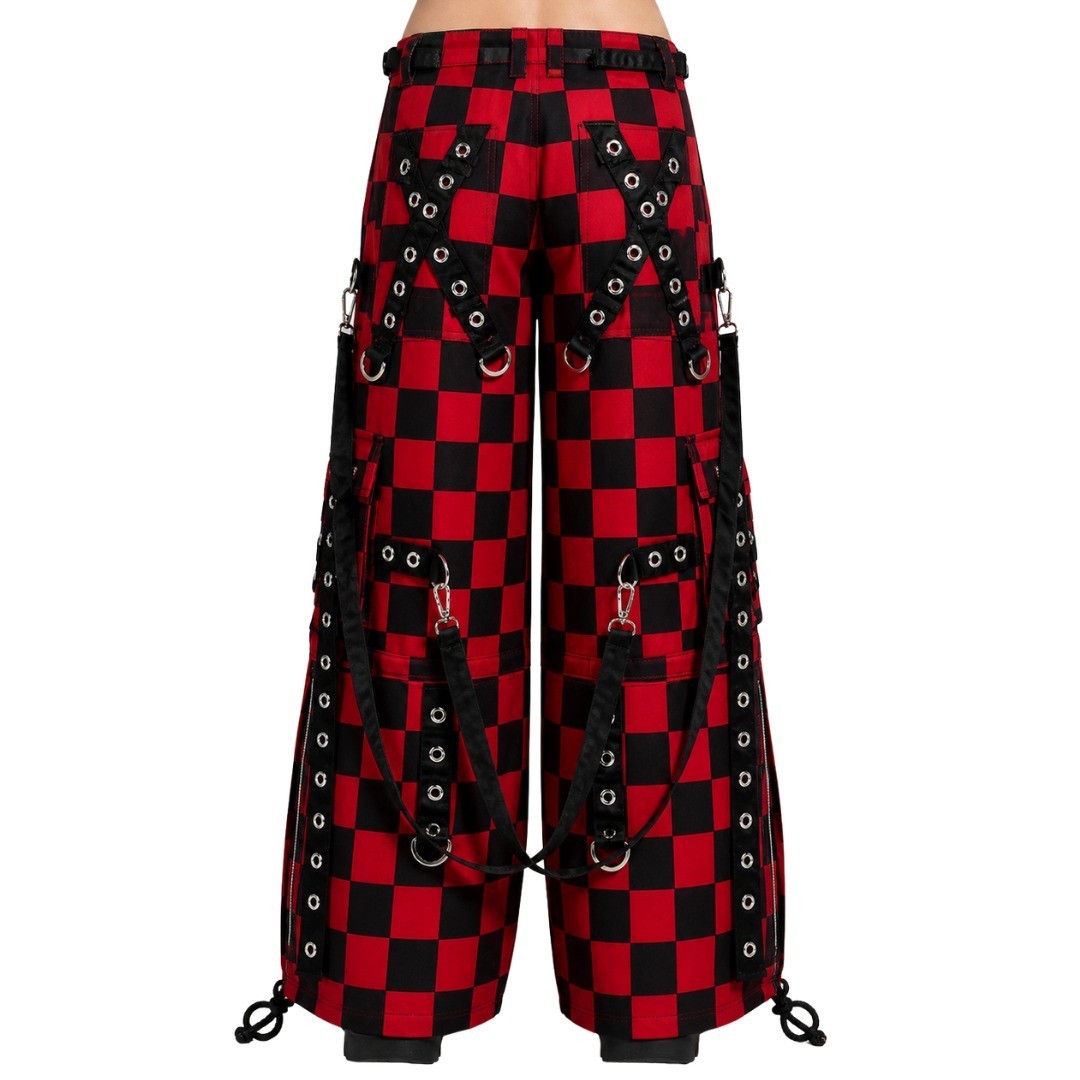Men’s Cyber Goth Cargo Shorts Red Black Checkered Bondage Straps Wide Leg Punk