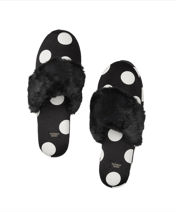 Victoria’s Secret Black Dot Logo Size LARGE Faux Fur Trim Satin Slipper VS