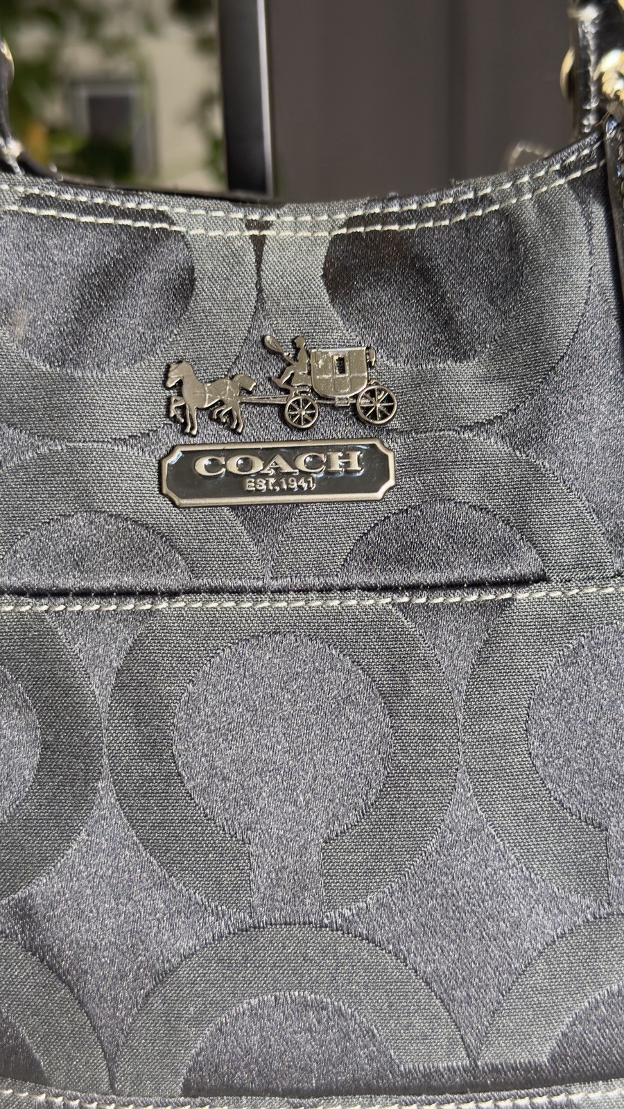 Coach Madison Signature Logo Tote Bag Black Zip Closure Silver Chain Straps