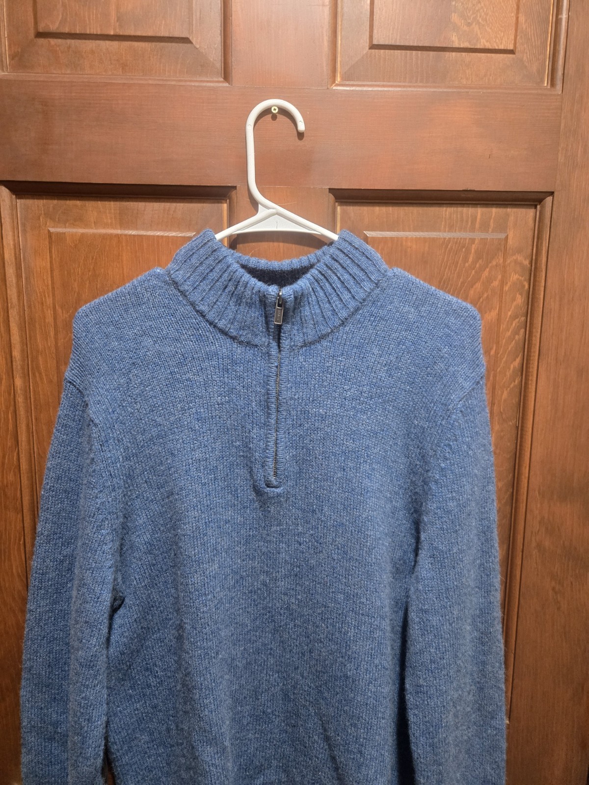 LL Bean Sweater Mens Medium Blue Shetland Wool Corduroy Elbow Patches 1/4 Zip