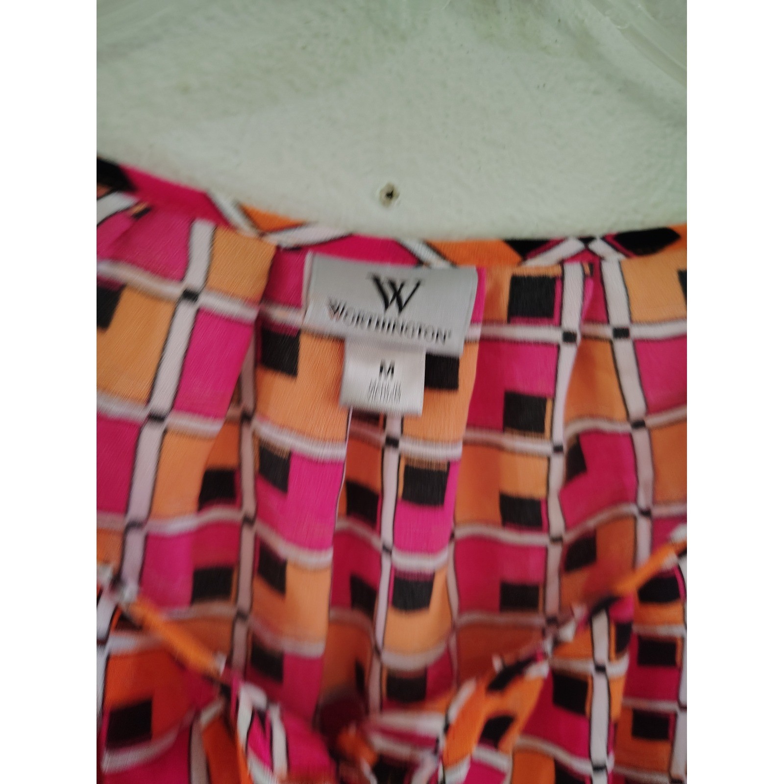 Worthington Womens Pink Orange Geometric Square Print Tie Neck Blouse Size M