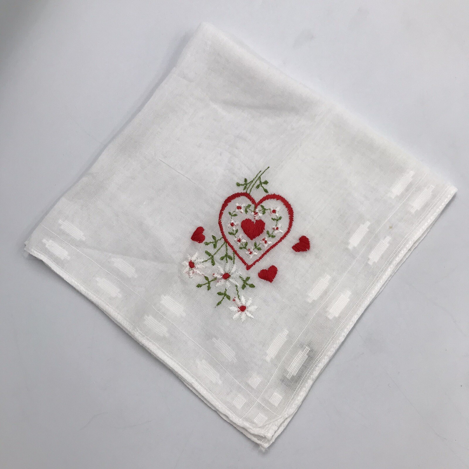 Vintage Cloth Handkerchief Embroidered Hearts Drink Coaster 11 1/2 x 11 1/4 in