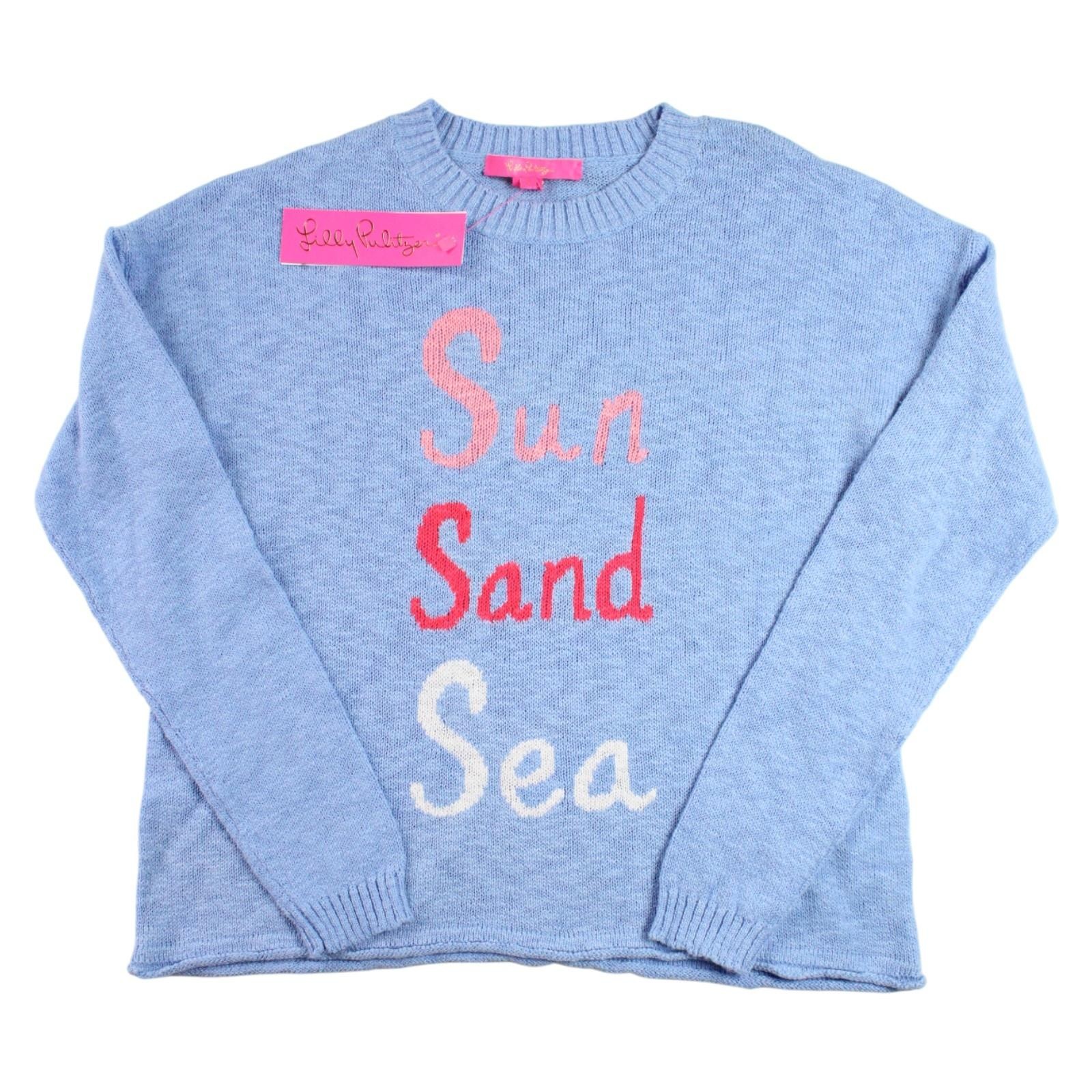 Lilly Pulitzer Sweater Womens L Blue Sun Sand Sea Cotton Crewneck Pullover $138