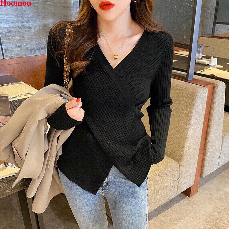 New Korean Womens Cross V-neck Asymmetric Slit Fall Winter Tops Tee Blouse