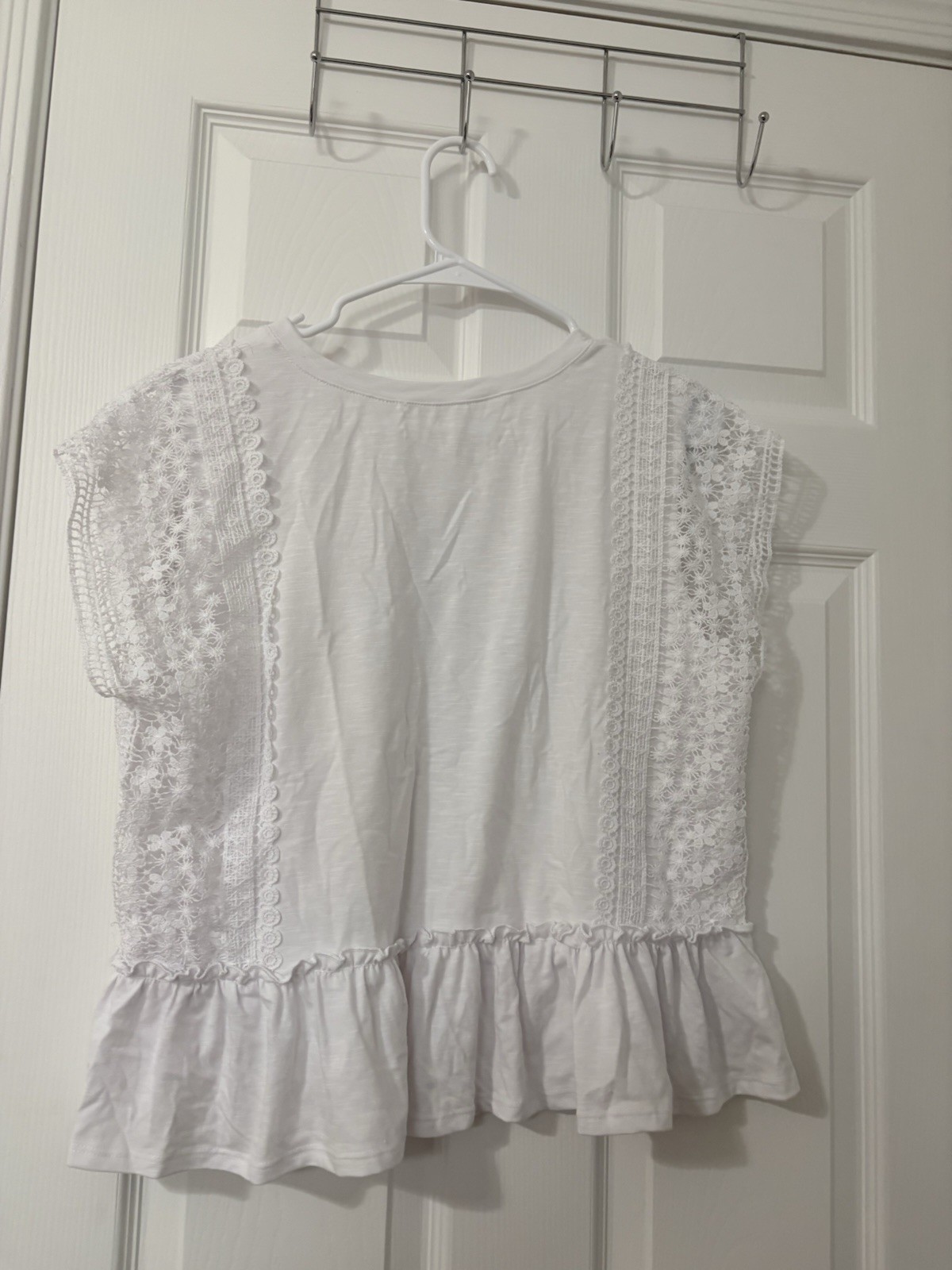 Women’s White Solid Lace Cap Sleeve Peplum Ruffle Hem Pullover Blouse Top L