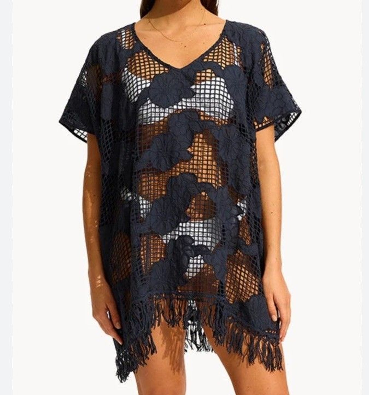 VGUC Seafolly True Navy Kaftan Crochet Cotton Fringe Swim Cover-Up OS