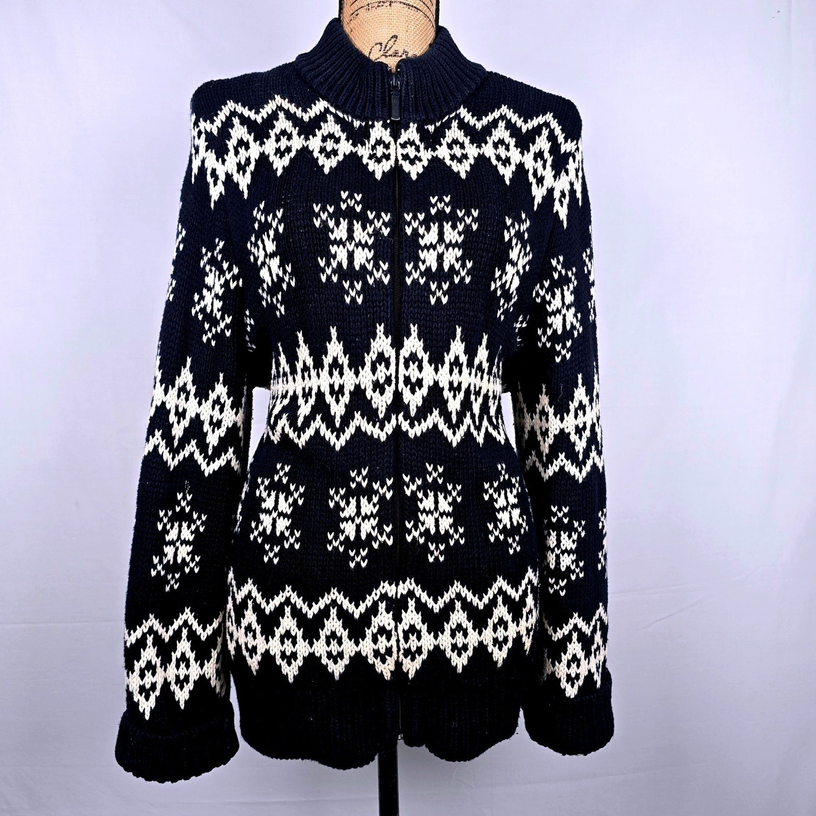 New York & Company Fair Isle Zip Sweater XL Black off White Nordic Snowflake