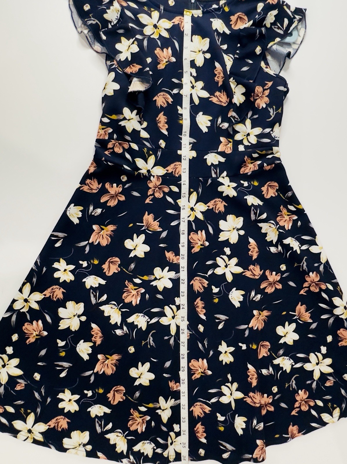 Yathon Navy Floral Ruffle Flutter Sleeve A-Line Knee Length Round Neck Dress