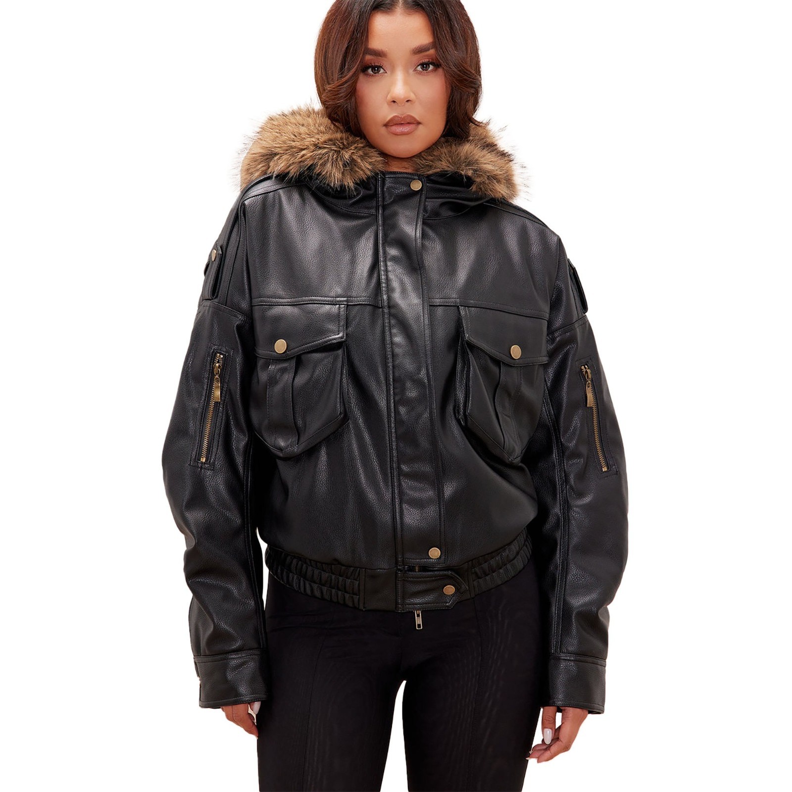 Women Real Leather Jacket Black Fur Hood Oversized Utility Bomber Coat