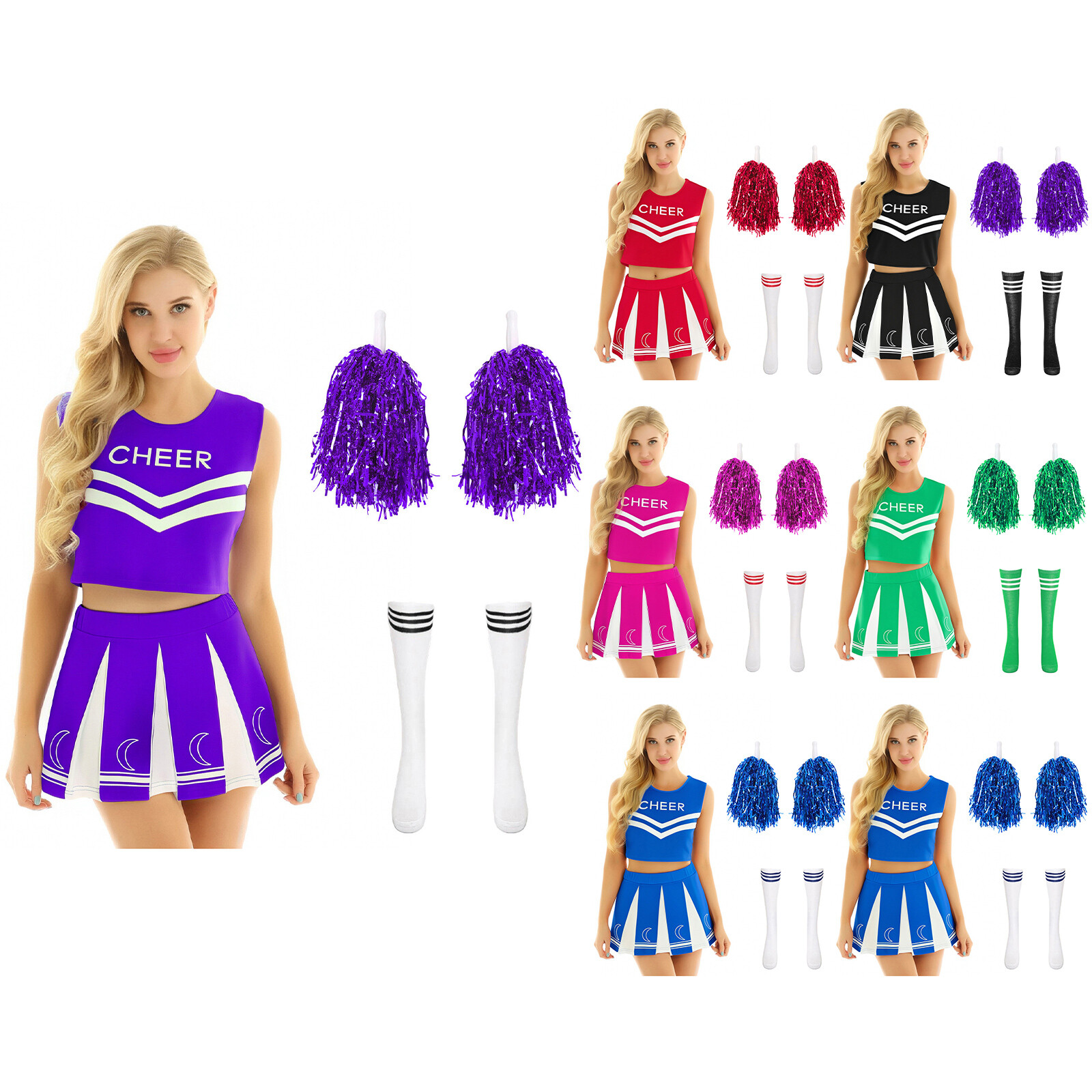 Women Uniforms Halloween Skirt Sleeveless Cheerleading Outfit Socks Dress Dance