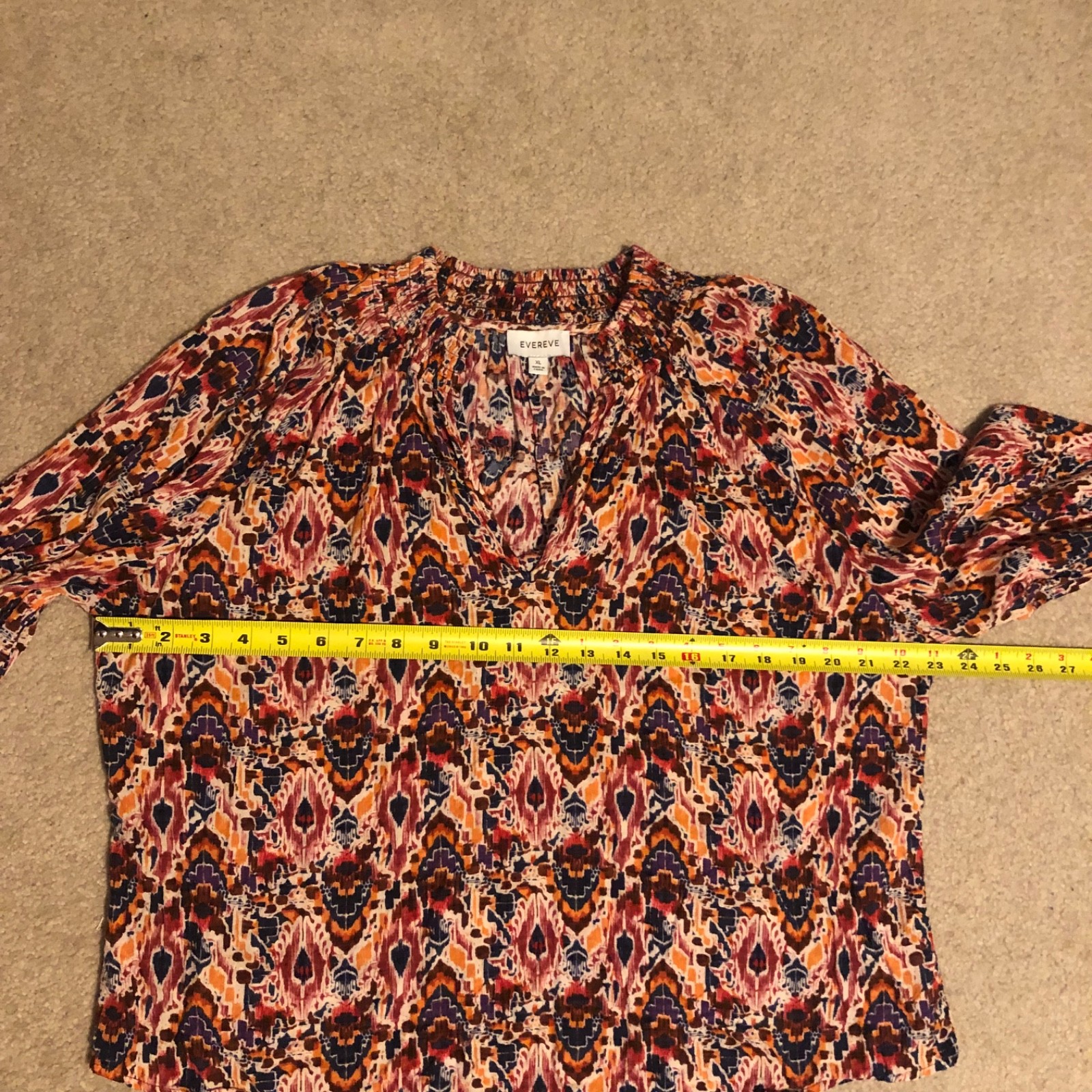 Evereve Multicolor Abstract Ikat Print Blouse Women’s Size XL Art Boho Retro 70s