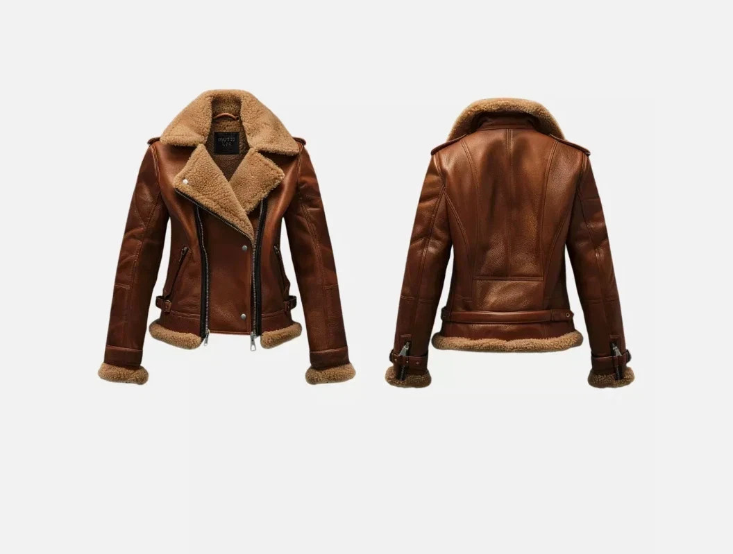 New Women’s Premium Shearling Lined Brown Aviator Real Sheepskin Leather Jacket