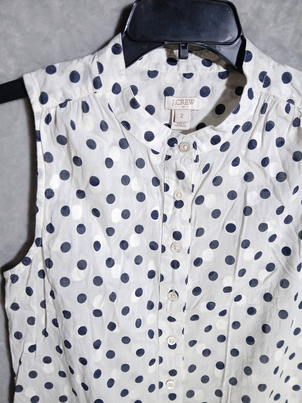 J Crew Womens 2 Blouse White Blue 100% Cotton Polka Dot Collared Button Up Top