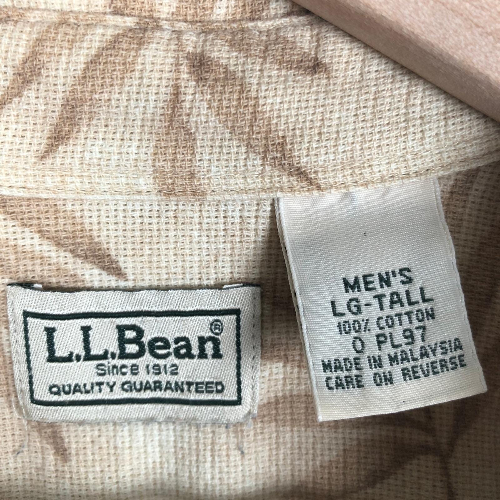 LL BEAN 100% Cotton Textured Tropical Palm Leaf Shirt Men’s Sz L Tall Tan S/S