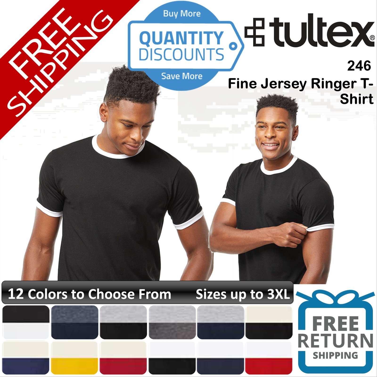 🔥 Tultex Men Fine Jersey Ringer T-shirt Short Sleeve Top Up To 3XL 246