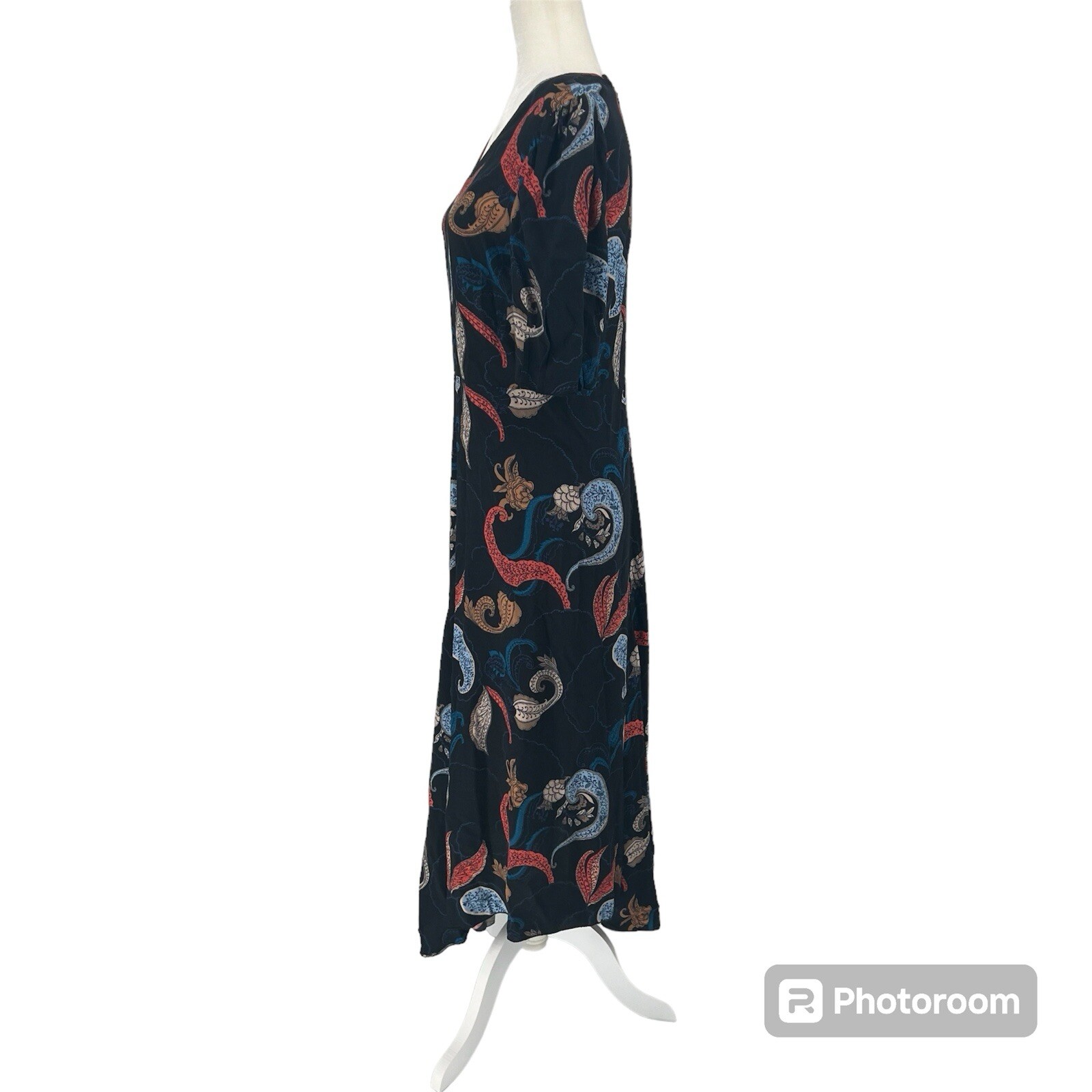 See by Chloe Puff-Shoulder Paisley Midi Dress asymmetrical hem V-neck Sz34