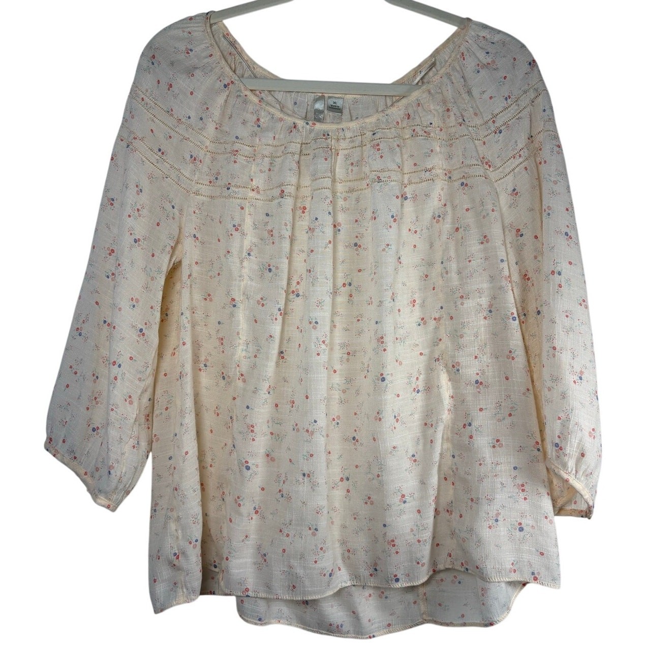 LC Lauren Conrad Ditsy Floral Peasant Blouse Cream Lace Yoke Boho Top XL