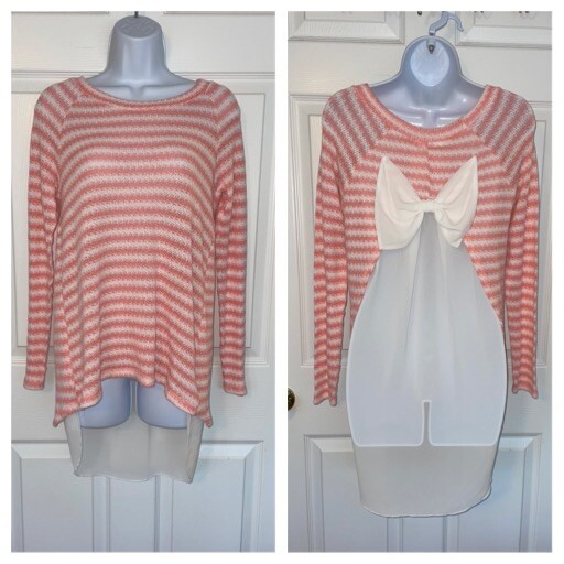 Lime n Chili Sz Medium Pink White Pullover Stretch Sweater Back Bow EUC