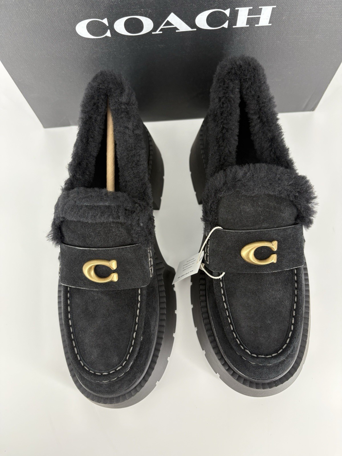 COACH Sz 7 Leah Loafers $250 Retail NWB Black Suede Shearling Logo