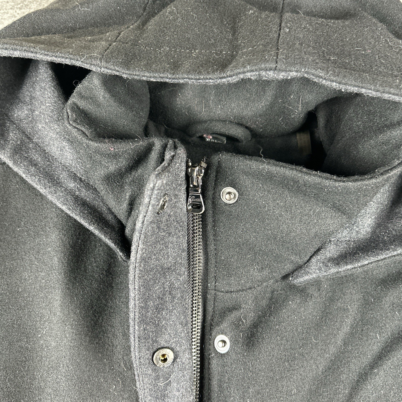 Guess Pea Coat Womens Sz XL Wool Blend Colorblock Gray/Black Snap Buttons Zip Up