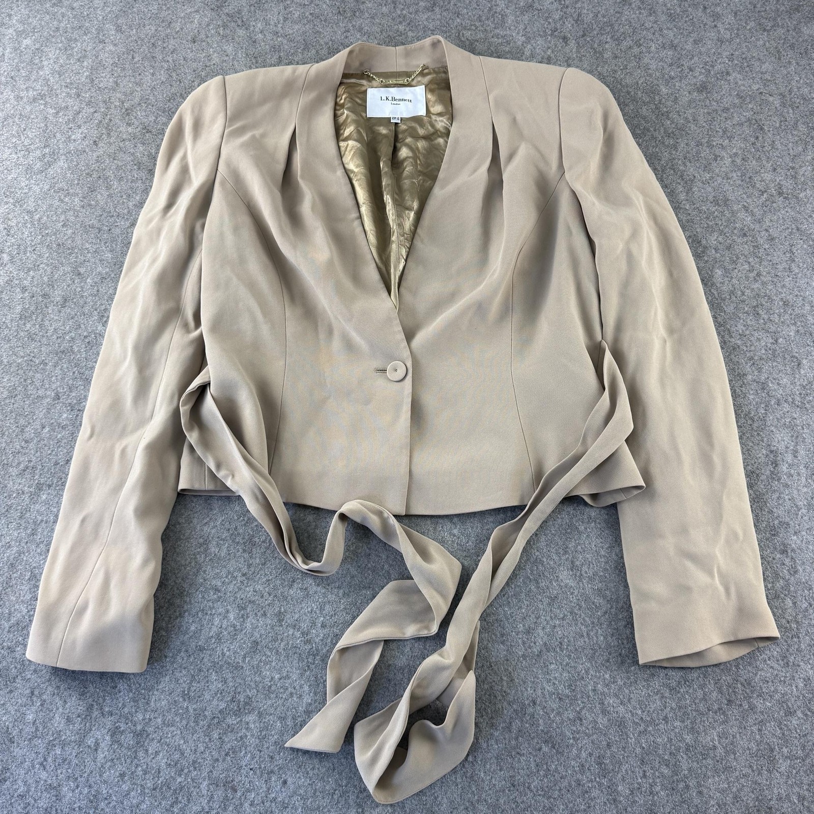 L.K. Bennett Blazer Womens 14 Beige Crepe Belted Collarless Cropped Jacket
