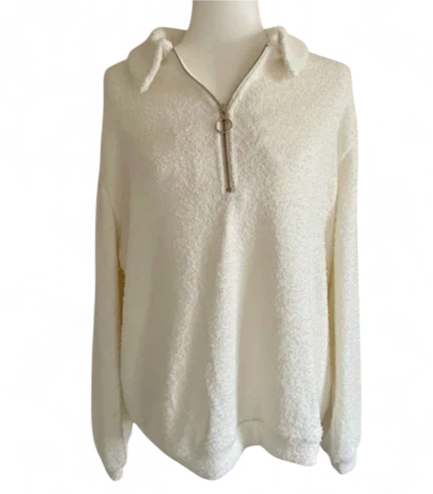 SHOW ME YOUR MUMU Off-White Sherpa Fleece SADIE PULLOVER SWEATER Gold Zipper S