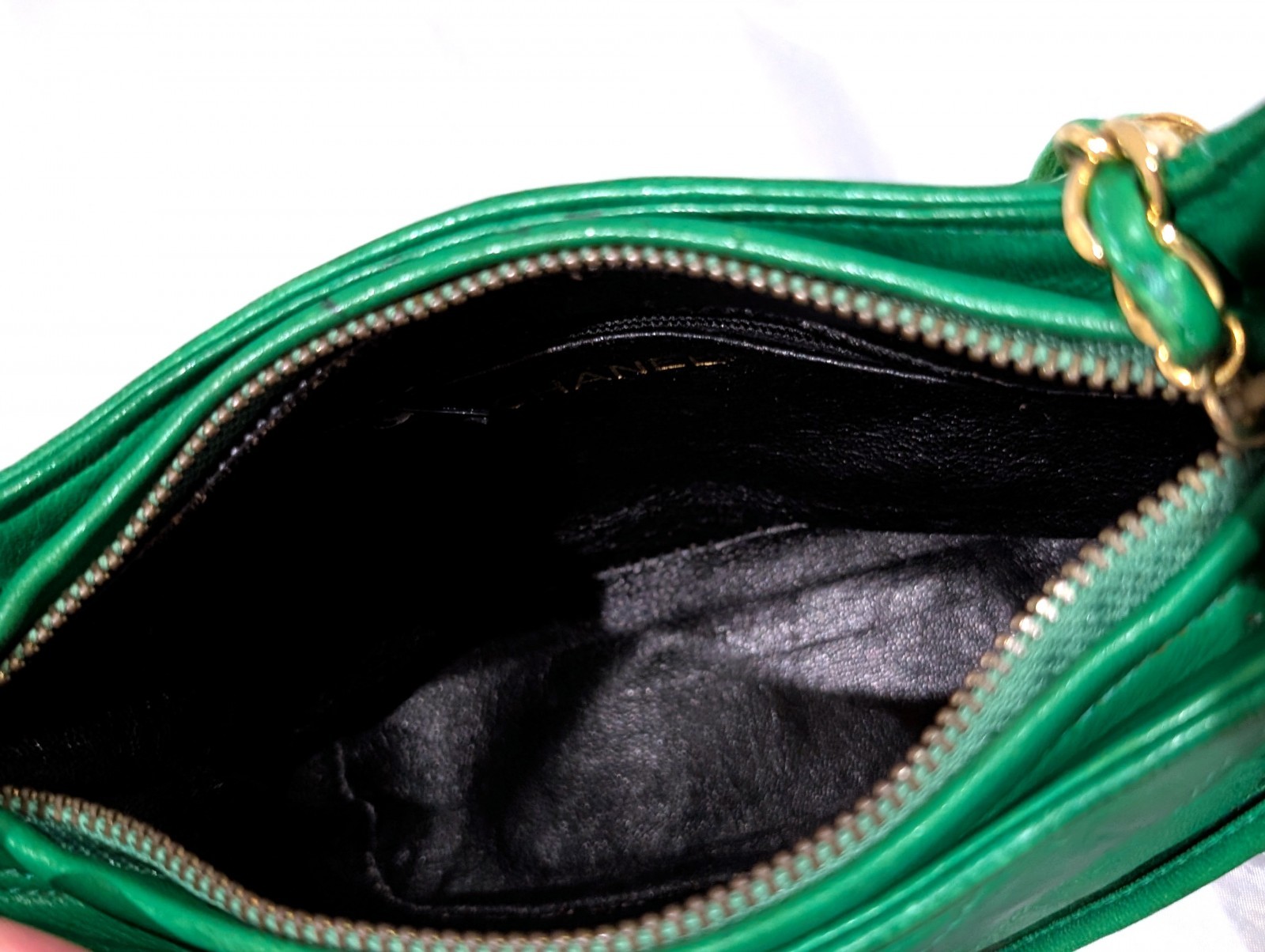 CHANEL CC Logo Fringe Charm Mini Shoulder Bag Lamb Leather Green VTG JPN