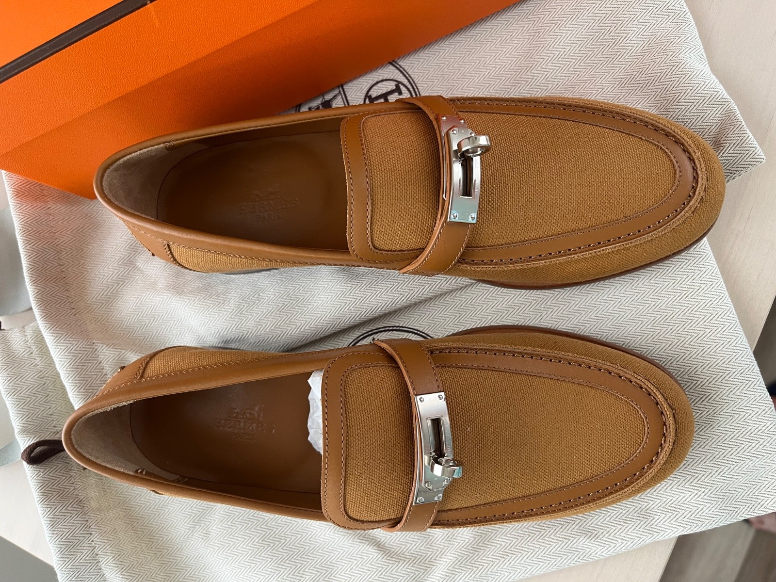 NIB Hermes Destin Loafer Toile/Veau Leather Naturel/Beige Dore 38