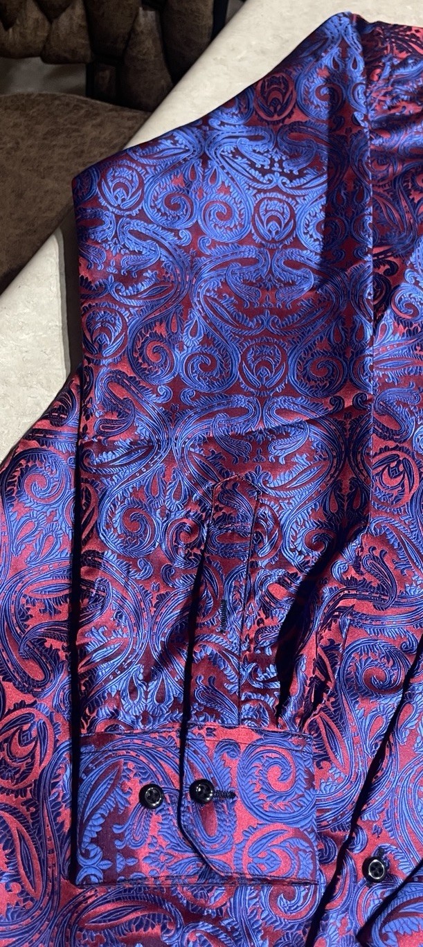 Barry Wang Men’s Red & Blue Paisley Silk Button Down Front Dress Shirt Sz M