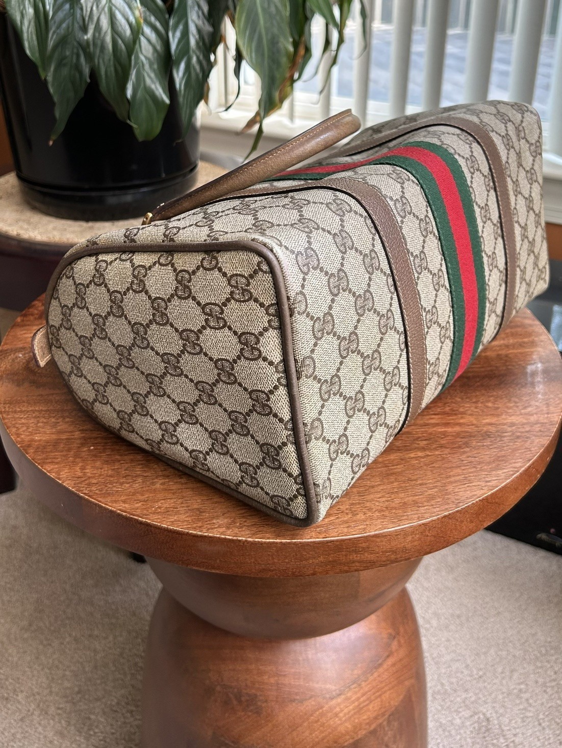 GUCCI GG Supreme Monogram Sherry Web Boston Bag, Tan
