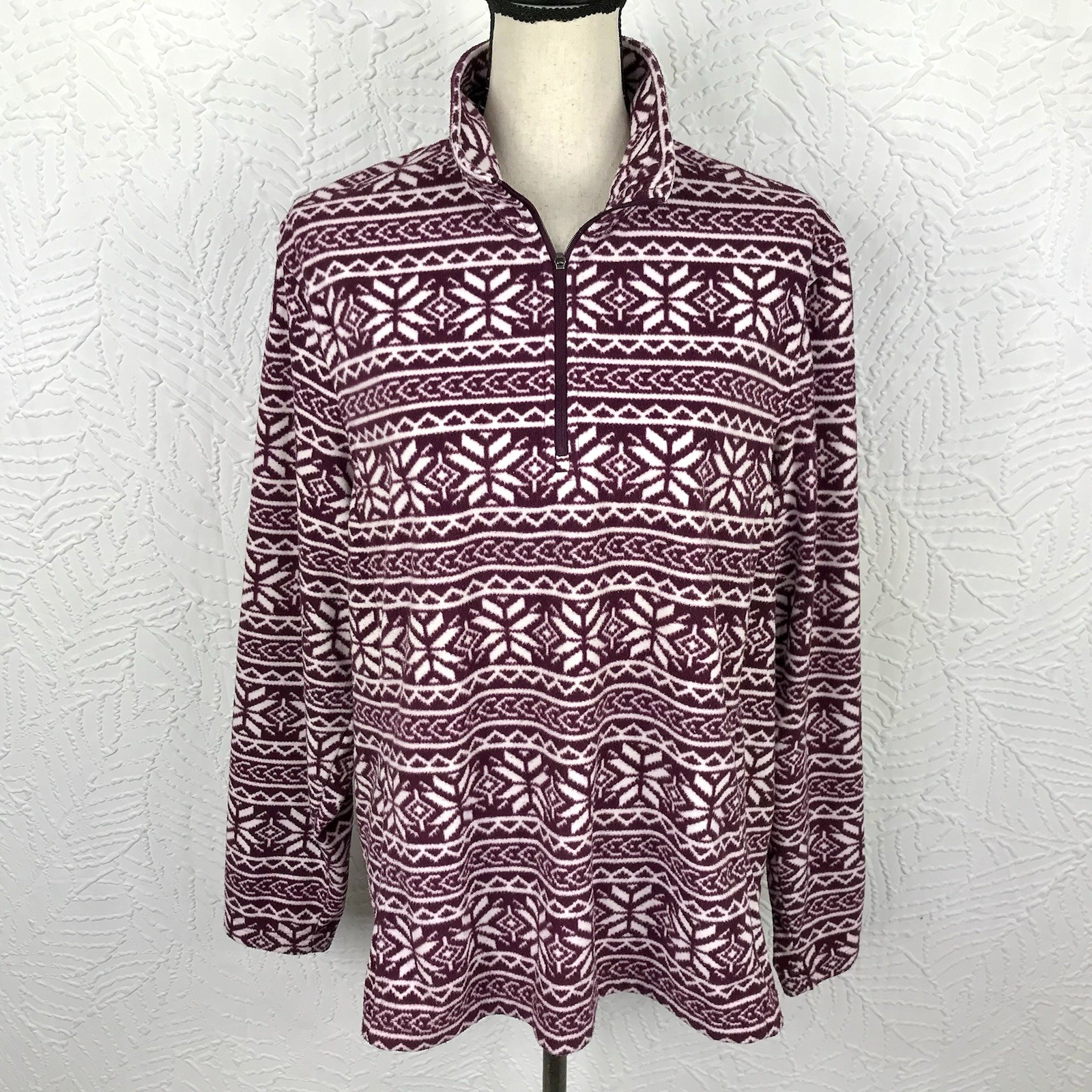 Lands End Womens Fleece 1/4 Zip Pullover Jacket 1X 16W-18W Purple Snowflake