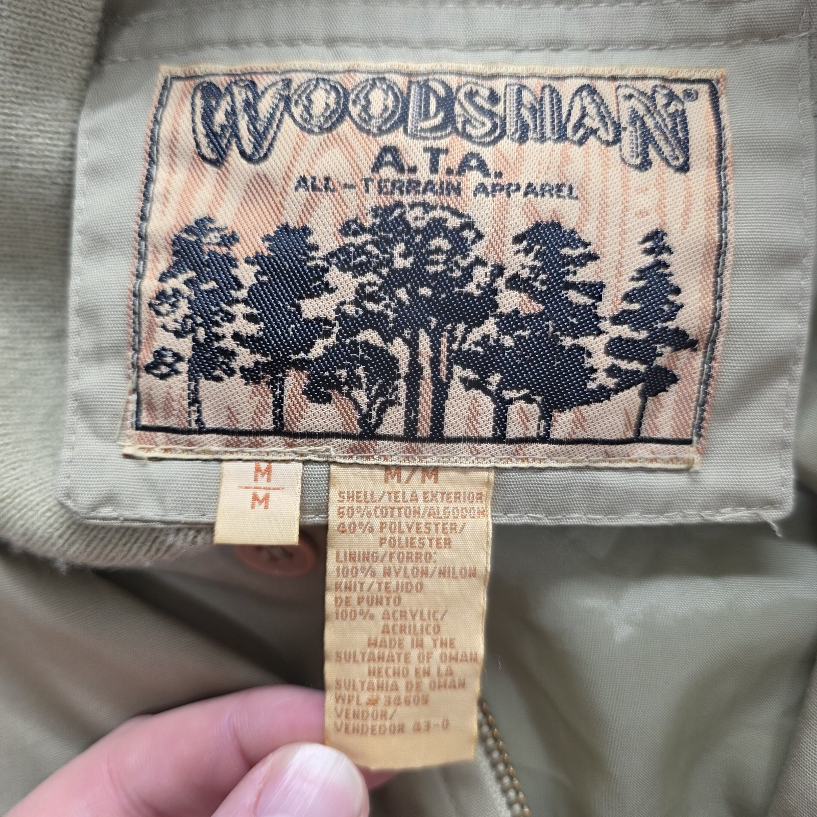 Vtg 90s Woodsman ATA All Terrain Apparel Bomber Jacket Mens Medium Khaki Oman