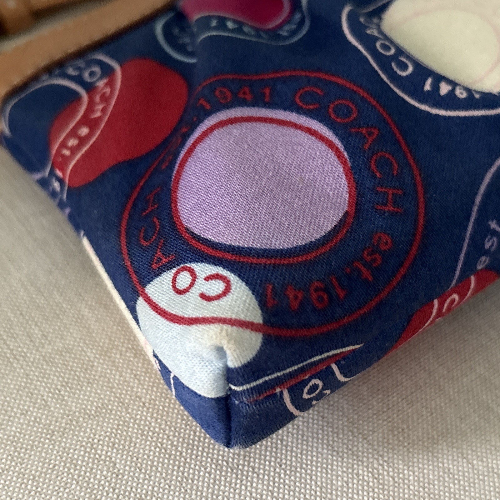 COACH Polka Dot Leah F14667 Red White & Blue Satin Large Wristlet Tan Leather