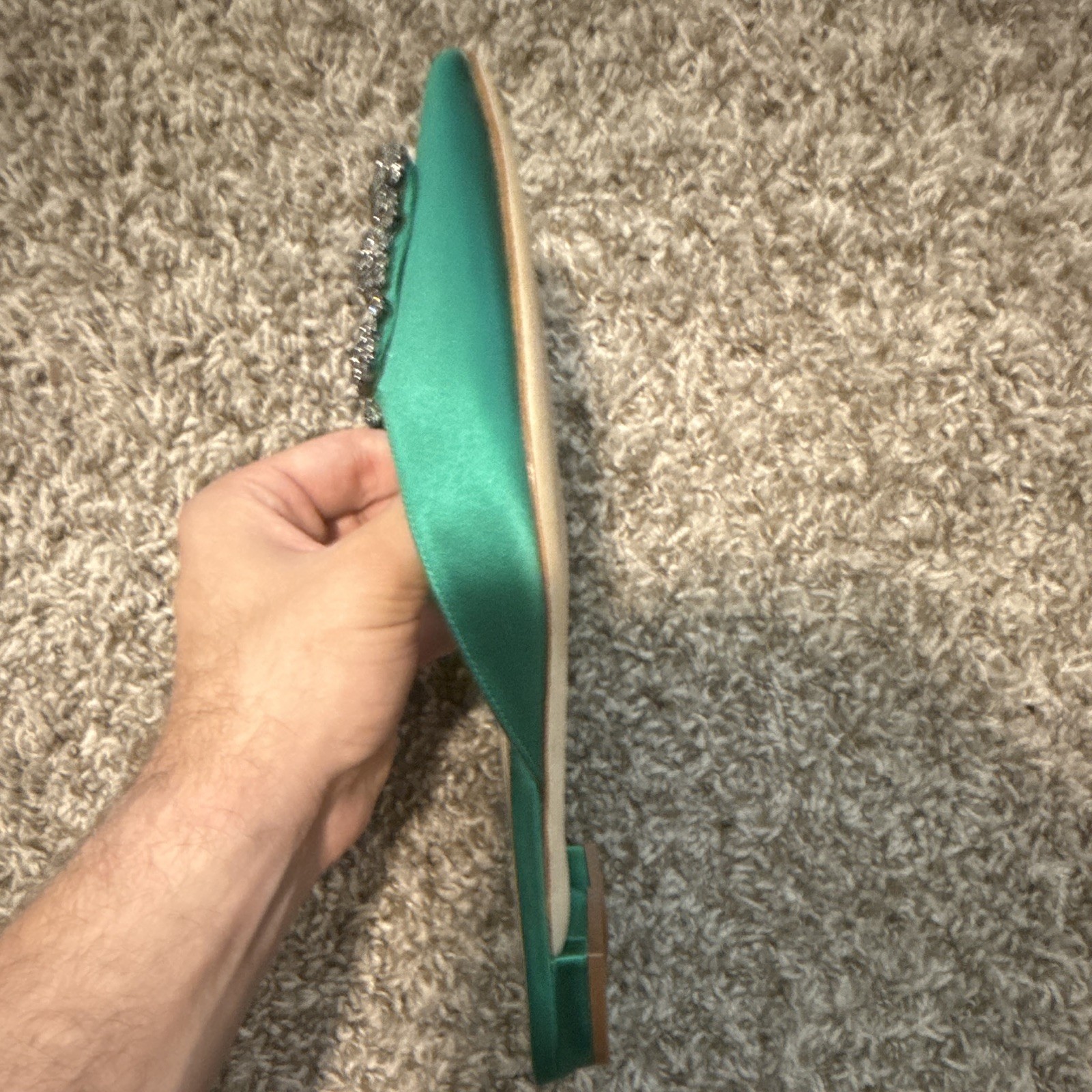 Manolo Blahnik Green Satin Rhinestone Pointed Toe Slip-On Mule Flats 6.5