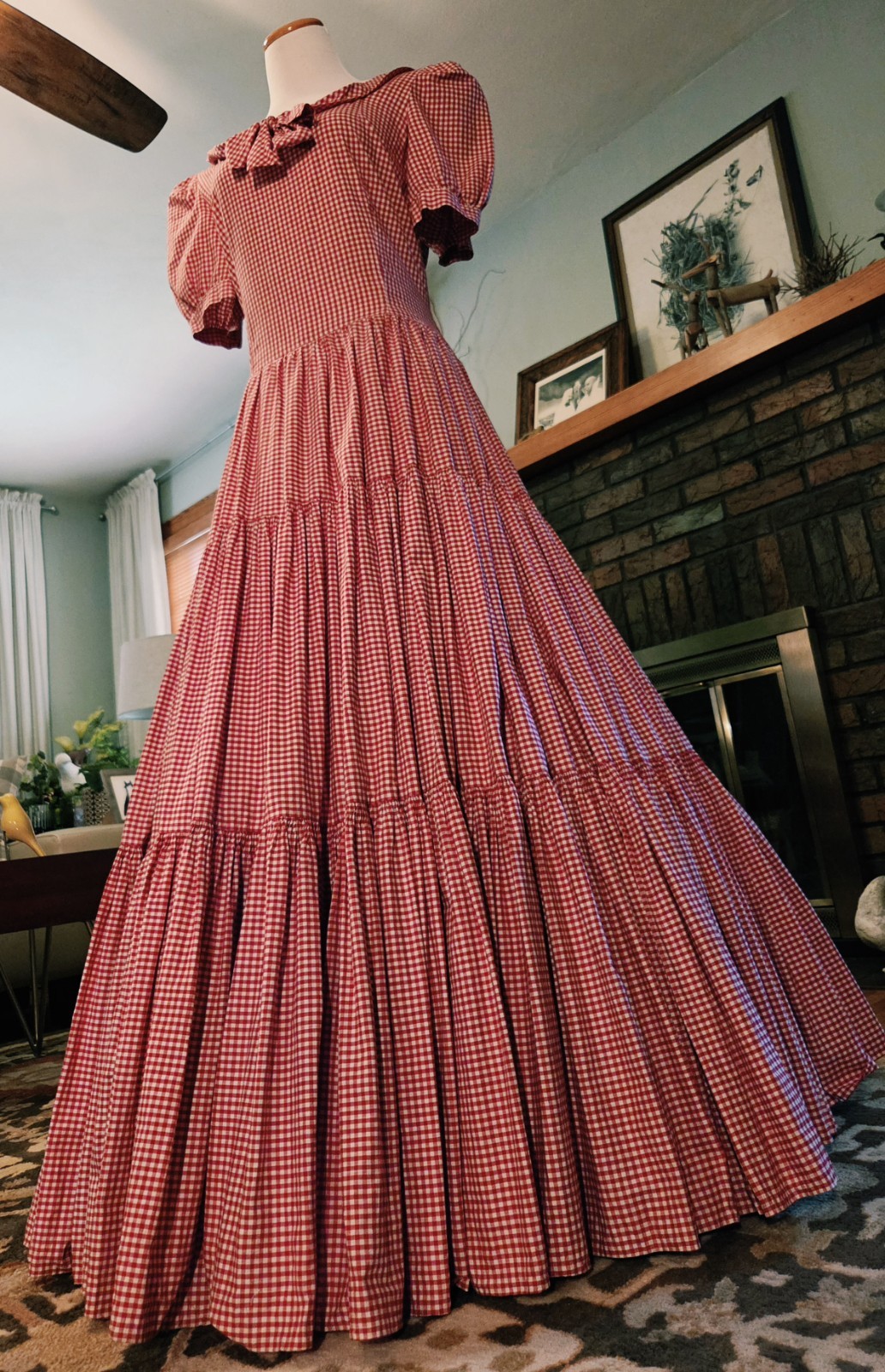 Vintage 40s 50s tiered long Red Gingham dress, Stupendous 600″ sweep! B42″, W34″