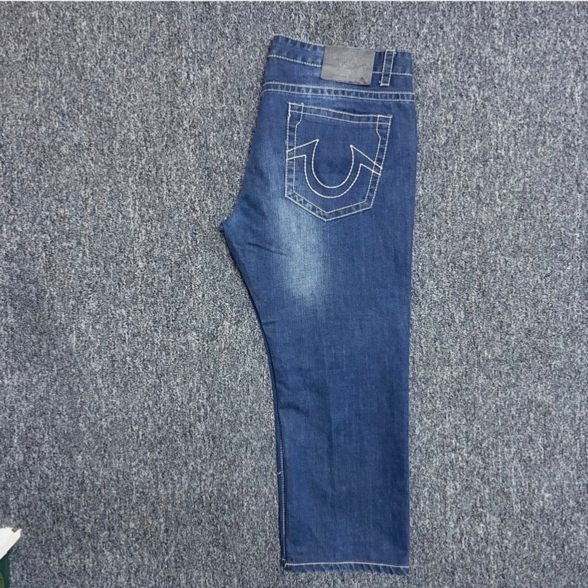 True Religion Men’s Straight Jeans | Blue Denim with White Stitching