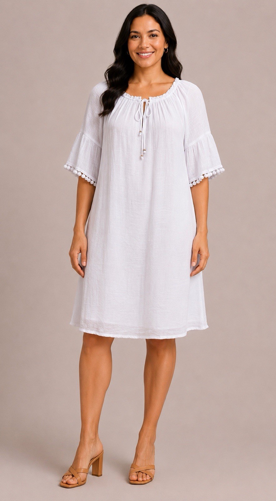 Mlle Gabrielle Womens solid short bell sleeve notch neck Dress with lining .