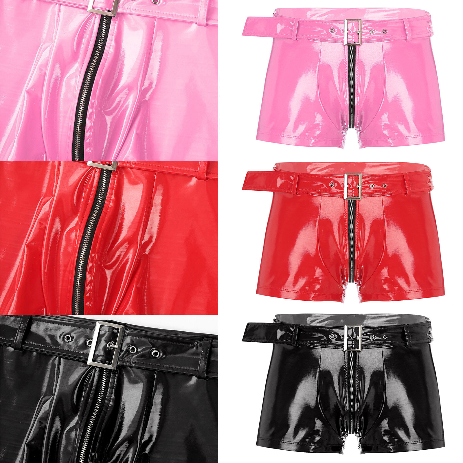 US Men’s Wet Look Latex PVC Leather Shorts Zipper Crotch Boxer Brief Clubwear