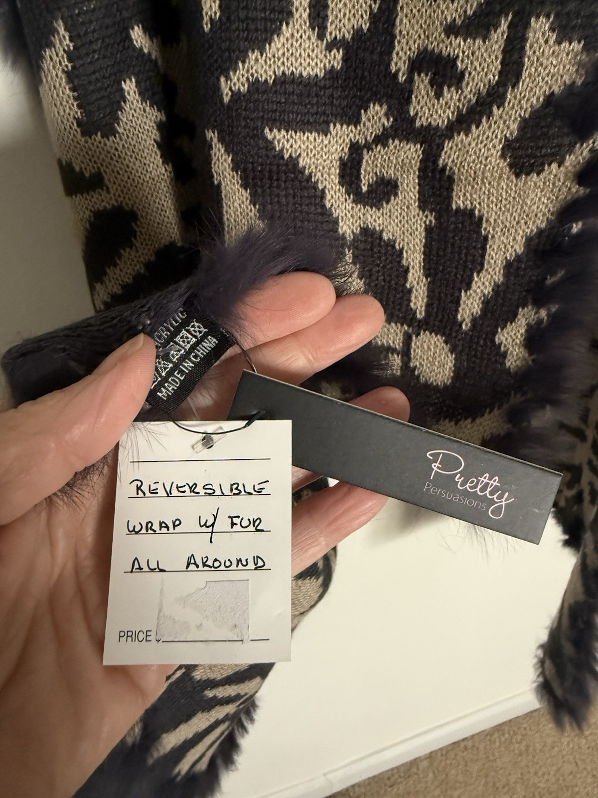 Pretty Persuasions NWT Tan/Black Fur Trimmed Wrap, 78 “ x 18” ~ 100% Acrylic