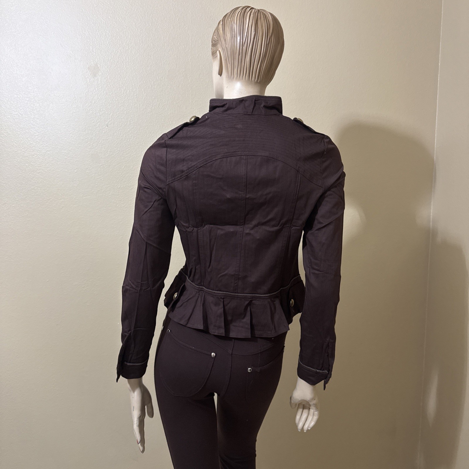 Women’s Brown Cotton Casual Stretch Slim Unlined Metal Button Hook Size S Jacket