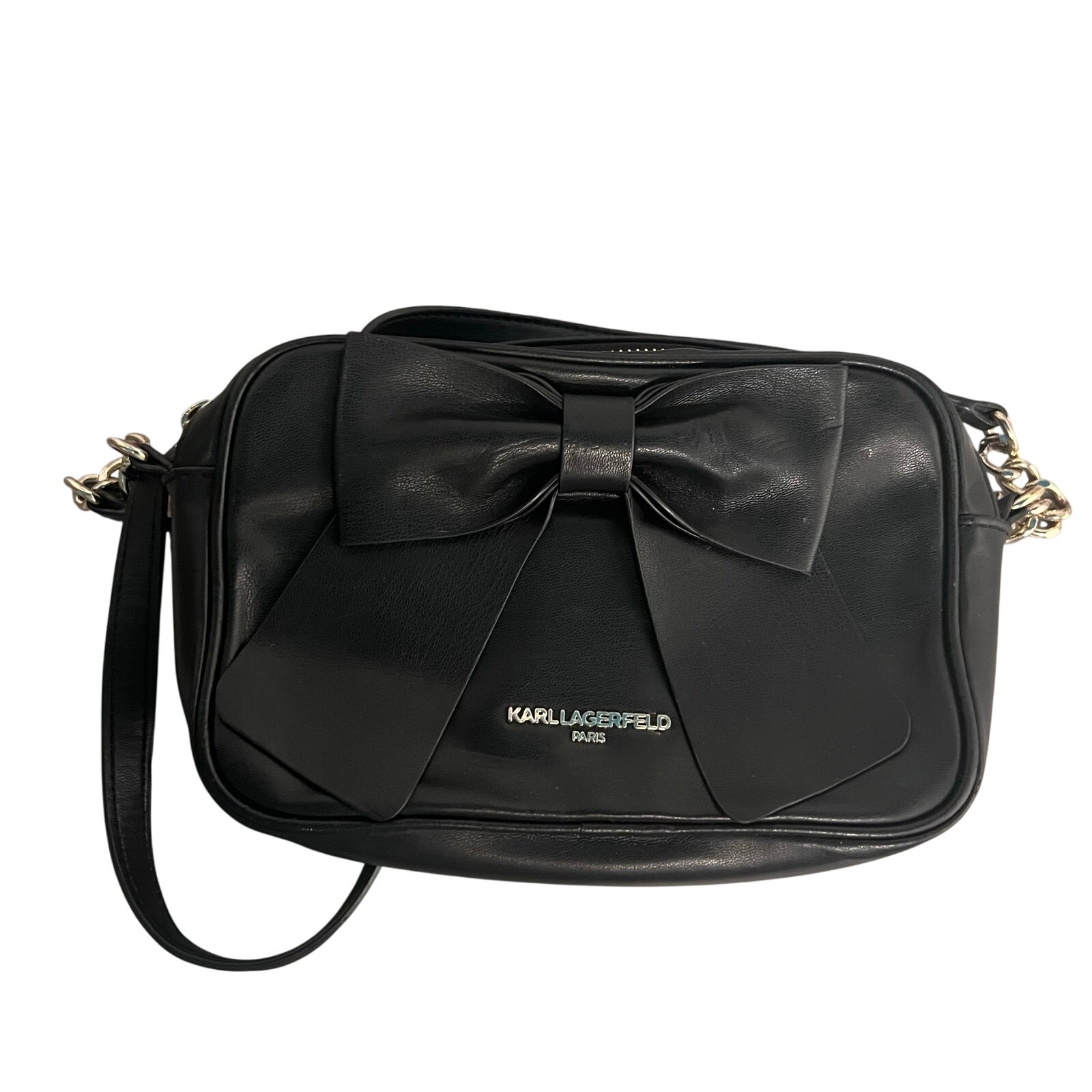 Karl Lagerfeld Chunky Goldtone Chain Exposed Zipper Logo Black Kris Bow handbag