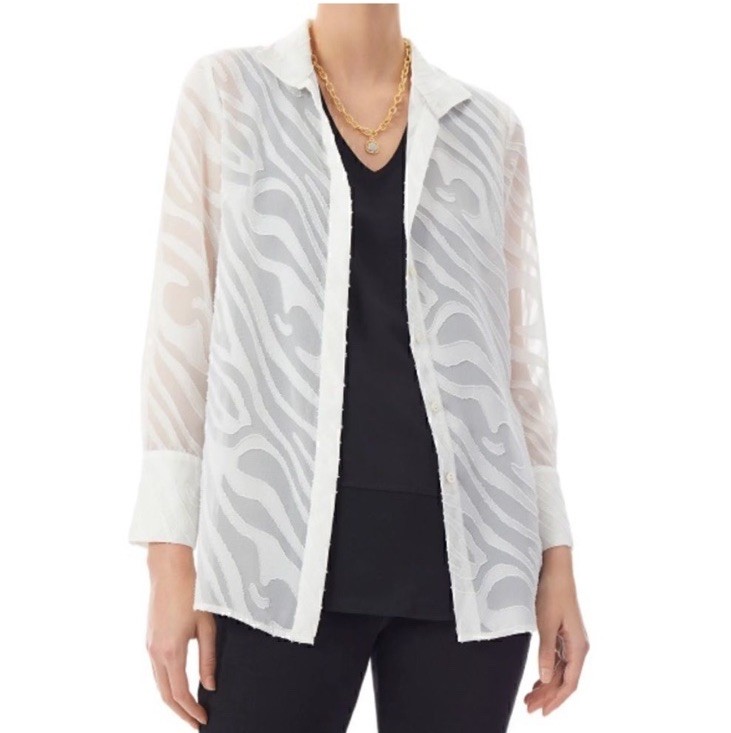 New Ming Wang Women’s White Zebra Button Front Shirt Textured Office Business