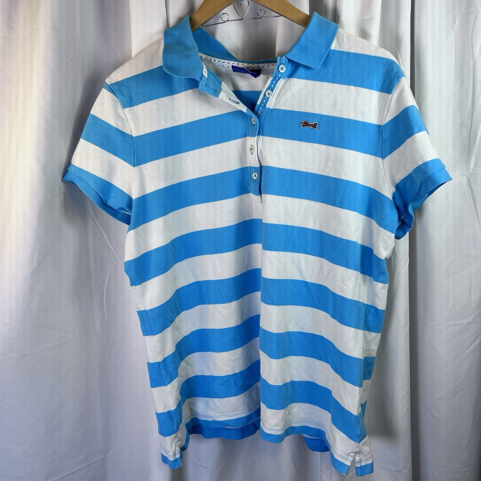 Ladies Le Tigre Polo Shirt, XL Turquoise And White Stripe EUC