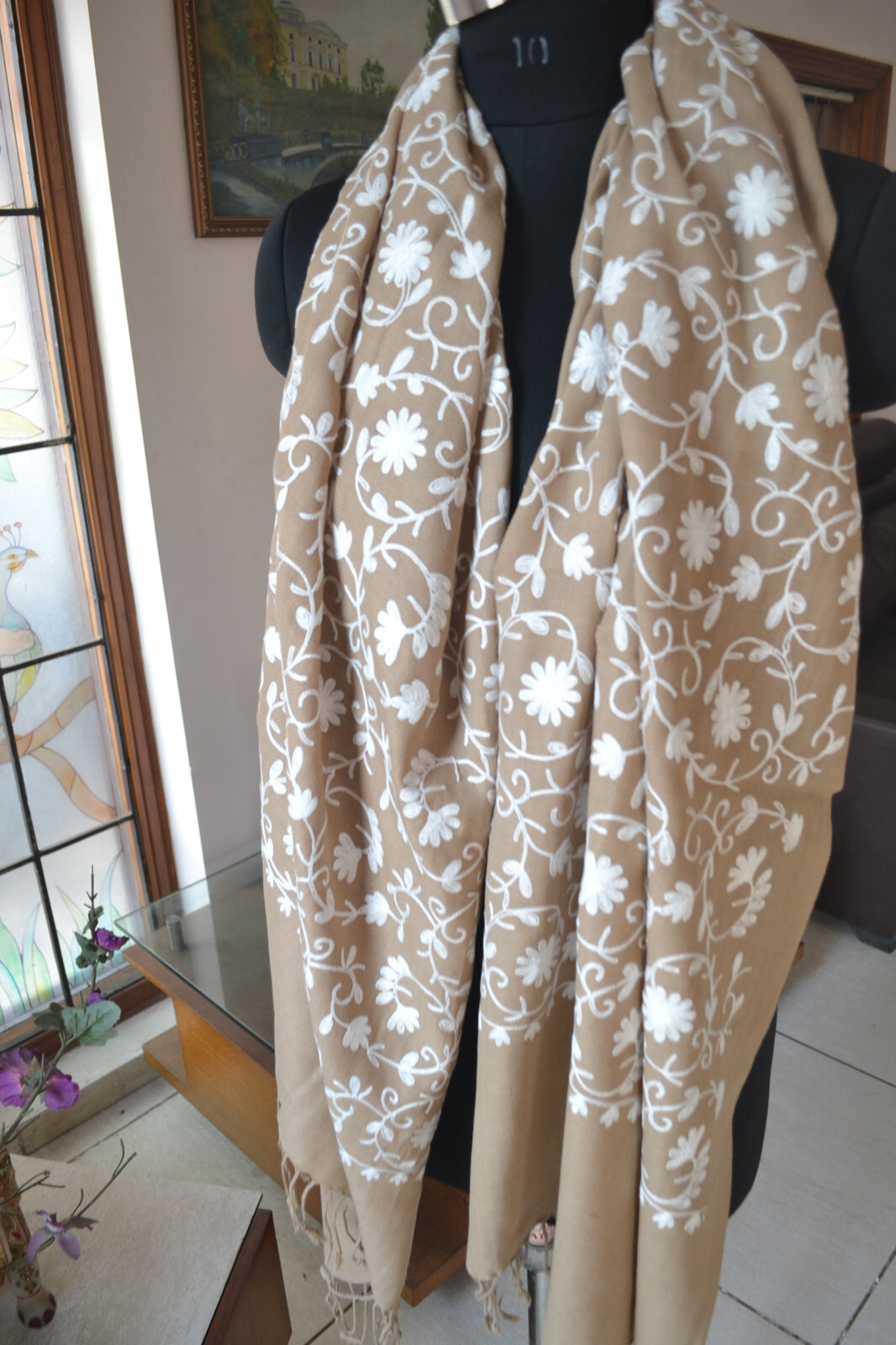 KASHMIRI PASHMINA ~FLORAL CREWEL ALL EMBROIDERY STOLE~CASHMERE :3 COLOR CHOICE