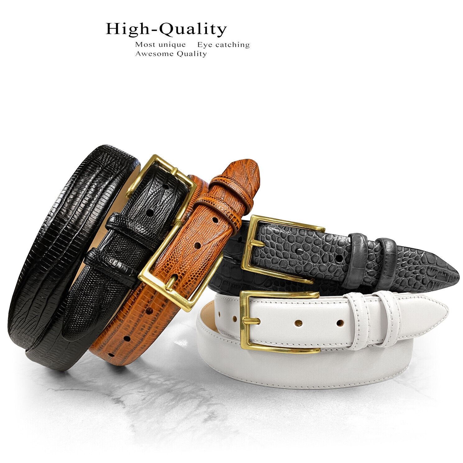 Adam Gold Buckle Italian Calfskin Genuine Full Leather Dress Belt 1-1/8″ Wide